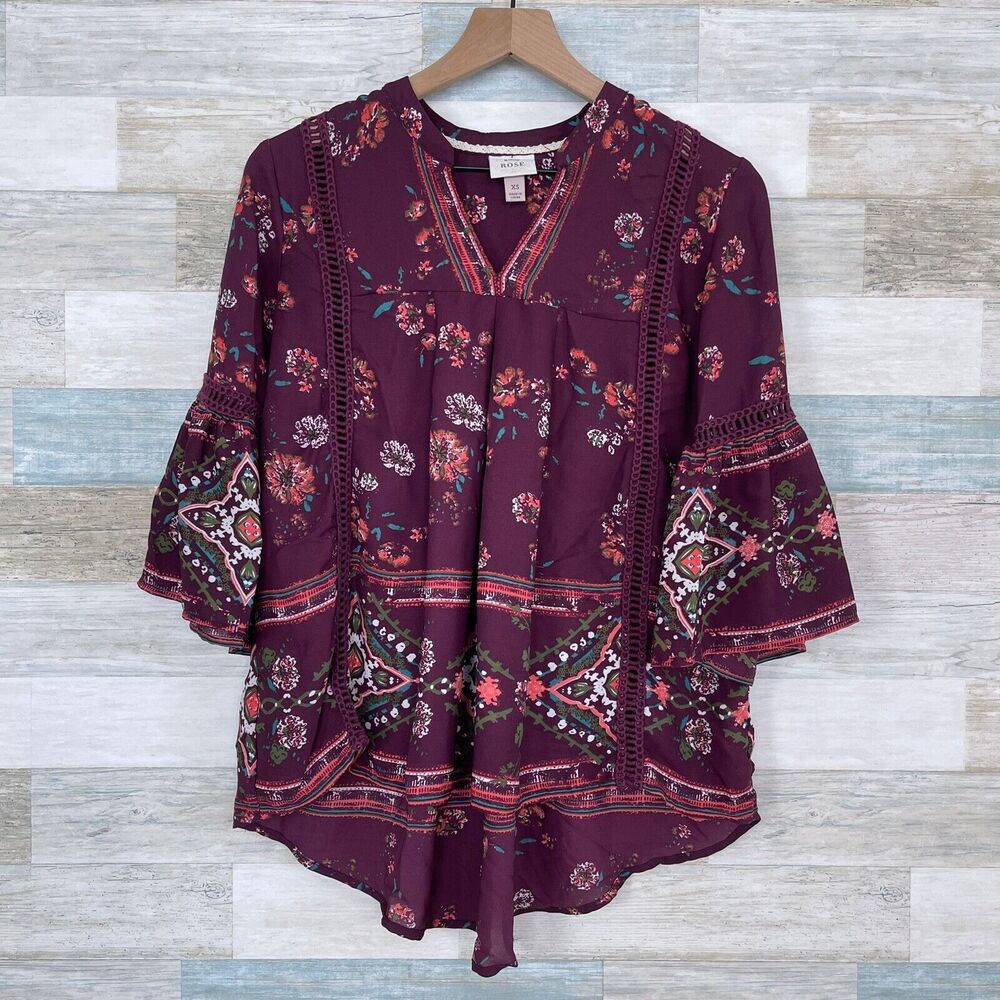 Knox Rose Floral Crochet Lace Peasant Blouse Burgundy Bell Sleeve Womens XS